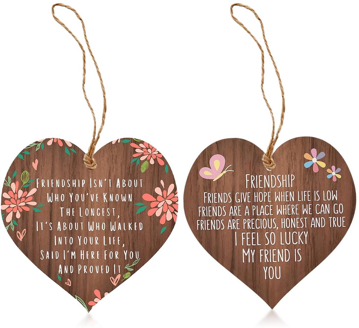 Dailygoody - Set van 2 houtsnippers - Decoratieve vriendschapshangers - Hartvorm - Cadeaus voor vrienden - Inspirerende houtsnippers - Bedankje voor s...