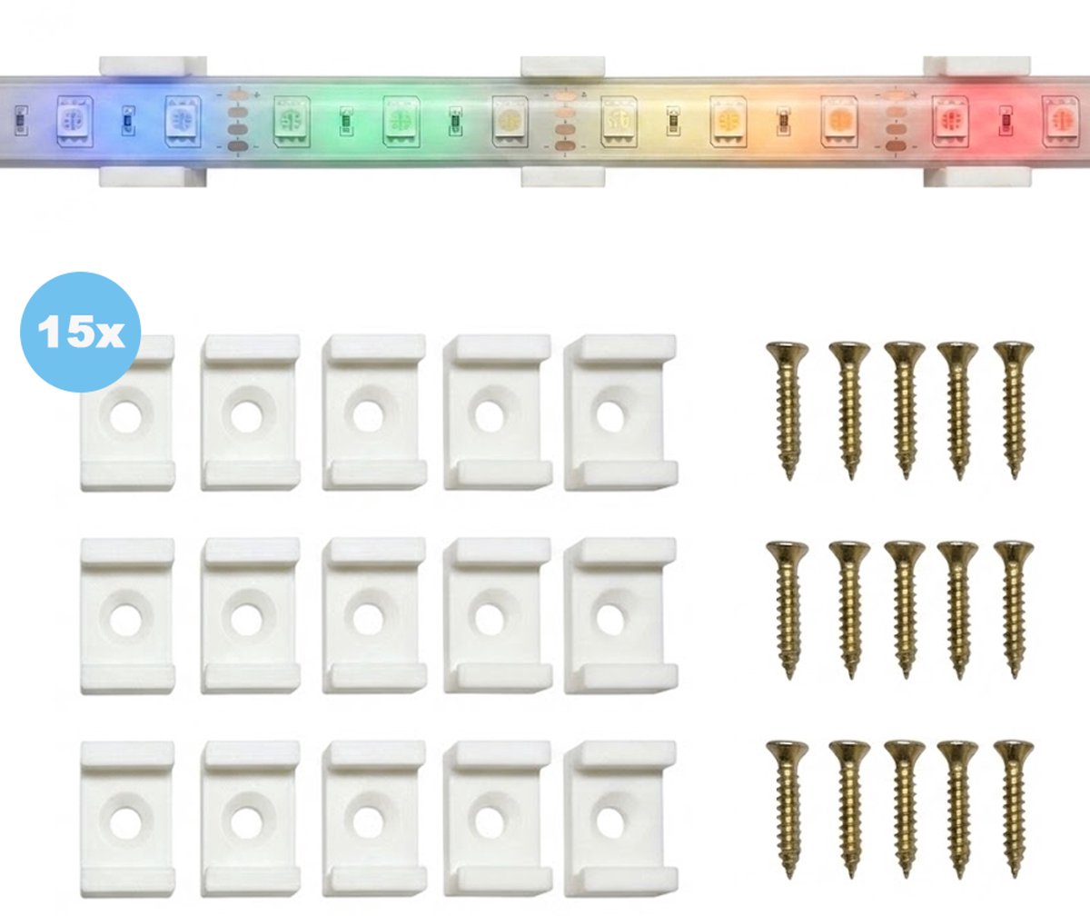 LED strip clip geschikt voor Philips Hue LED Strip - Set van 15 stuks - Inclusief Schroeven - Bevestigingsclips - Wit