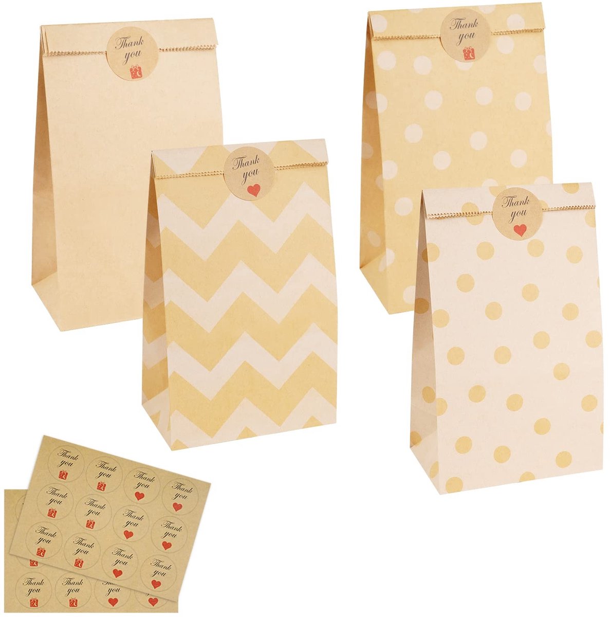 Dailygoody - Papieren zakken - Kraft geschenkzakjes - Herbruikbaar - Bruin - Met stickers - Voor kinderfeest en vieringen - 20 stuks