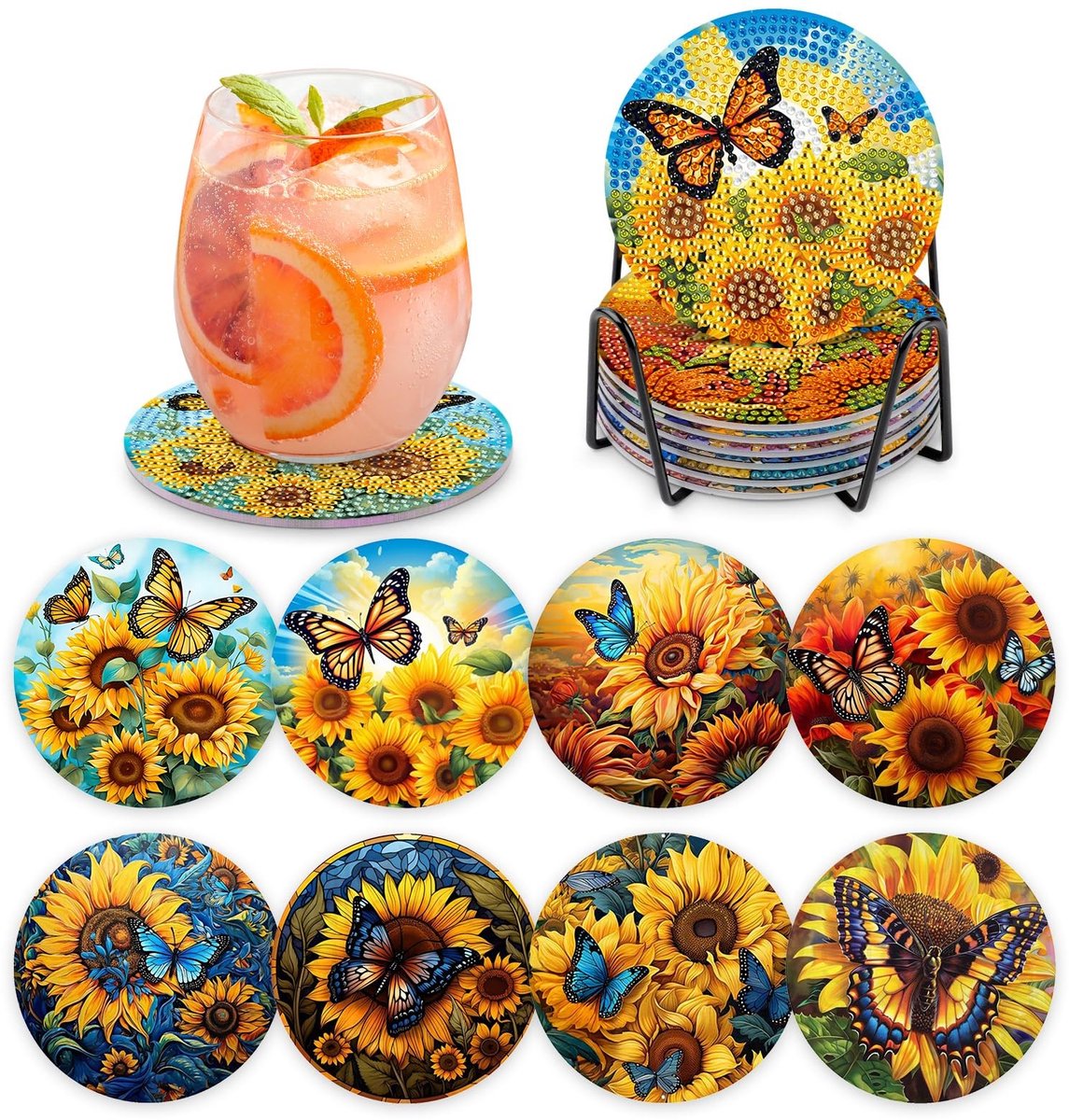 Dailygoody - Onderzetters met houder - Diamond painting - Perfect voor thuisdecoratie - 8 stuks - Diamantschilderset - Geschikt voor volwassenen en ki...
