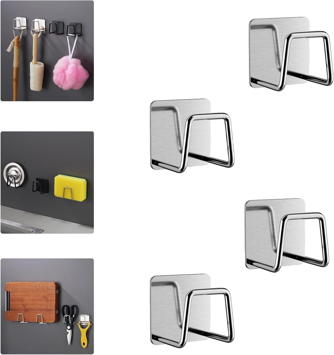 Spons houders voor keuken zonder boren - Keuken organizer, RVS, voor afwas en badkameropslag, 4 stuks