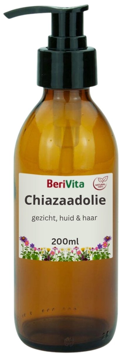 Chiazaad Olie Puur 200ml Pompfles - Glas - Koudgeperste Chiazaadolie van Chia zaden - Huid en Haar