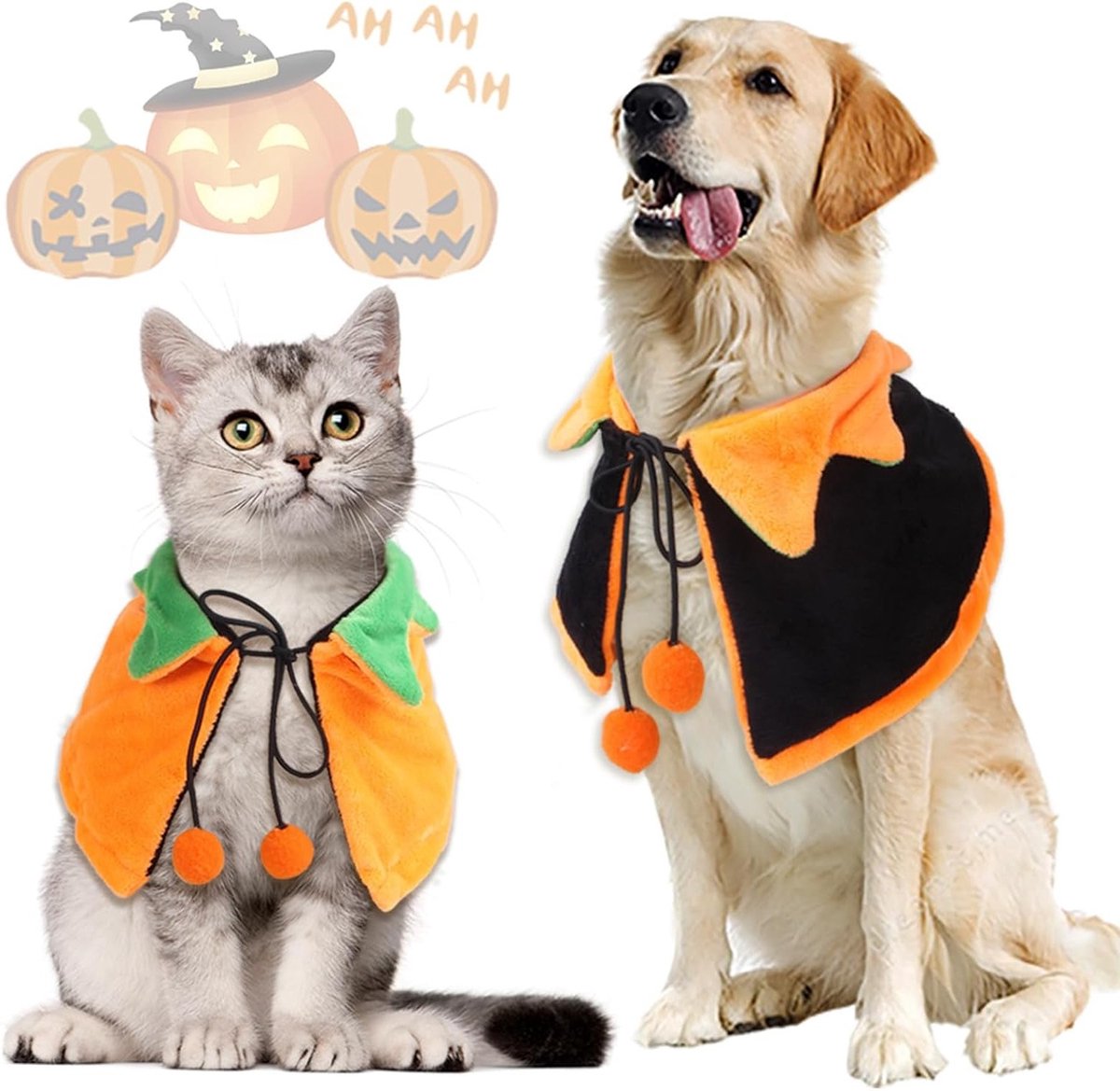 Halloween Dierencape voor Katten, Dubbelzijdig Kostuum voor Carnaval en Feest, M, Oranje en Zwart, Pompoen Design