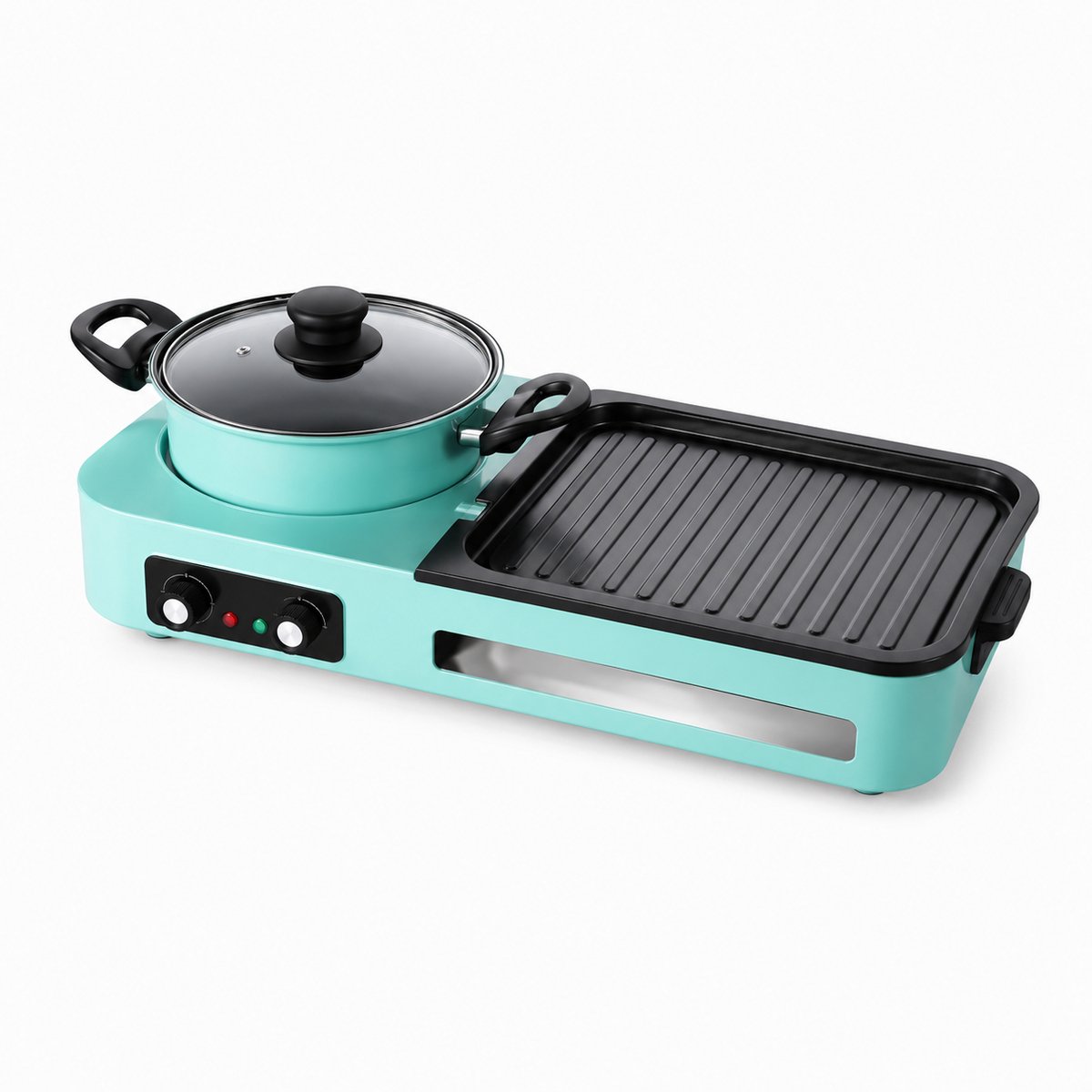 Velmio 3-in-1 Elektrische Grillplaat en Hotpot - Afneembare Bakpan - Gourmet - Koreaanse Grill - 3-6 Personen - Groen