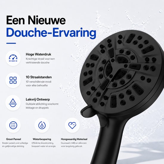 Zwarte douchekop met 10 straalstanden en informatie over waterdruk en lek-vrij ontwerp.