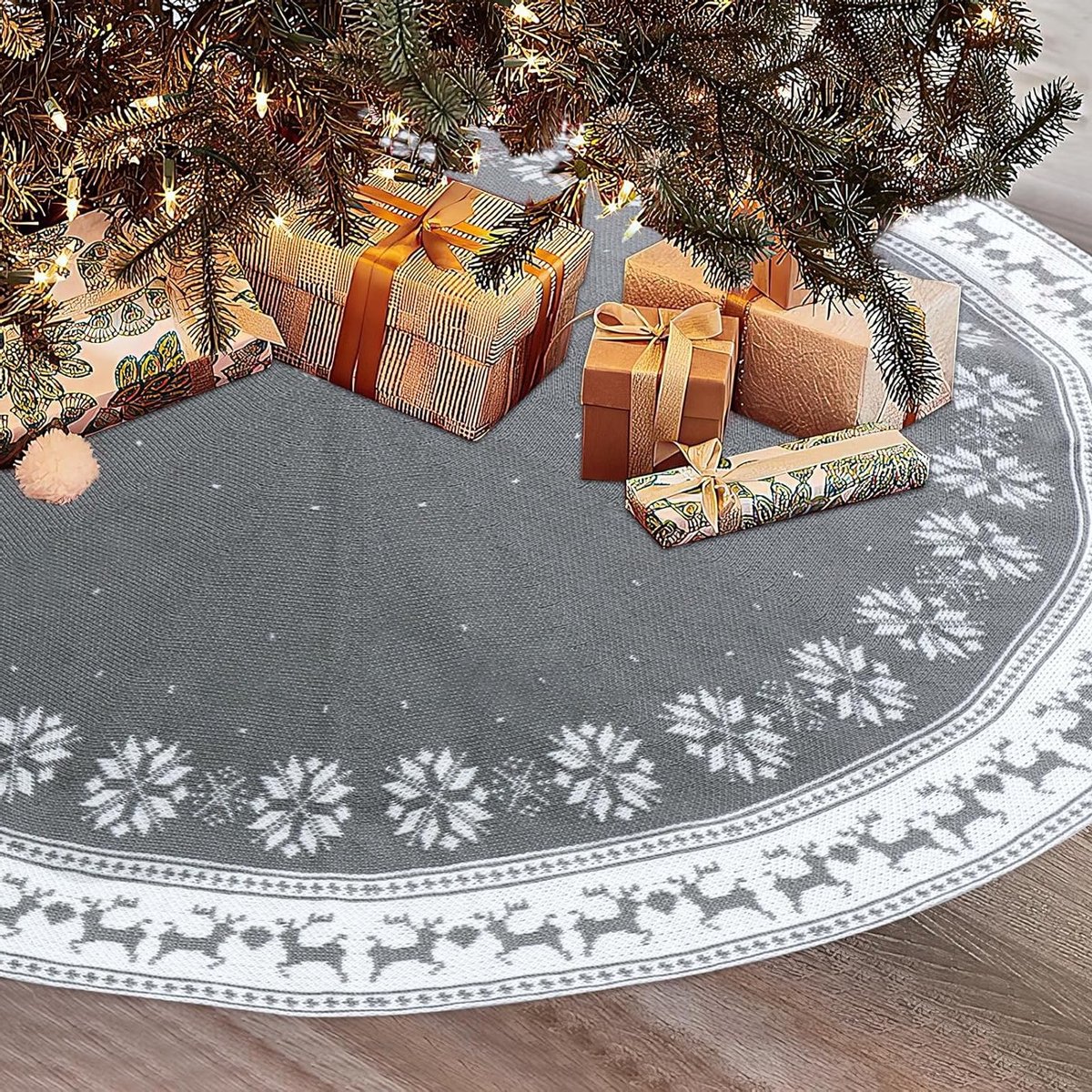 Grote Kerstboomrok 90cm Rustic Gebreide Dikke Boomrok met Sneeuwvlokken en Rendieren voor Feestelijke Decoratie binnen en buiten