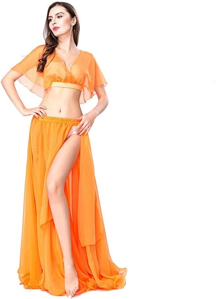 Bellydance kostuumset voor vrouwen met chiffon dansrok en tops, sexy split jurk en grote zwierrok, one size