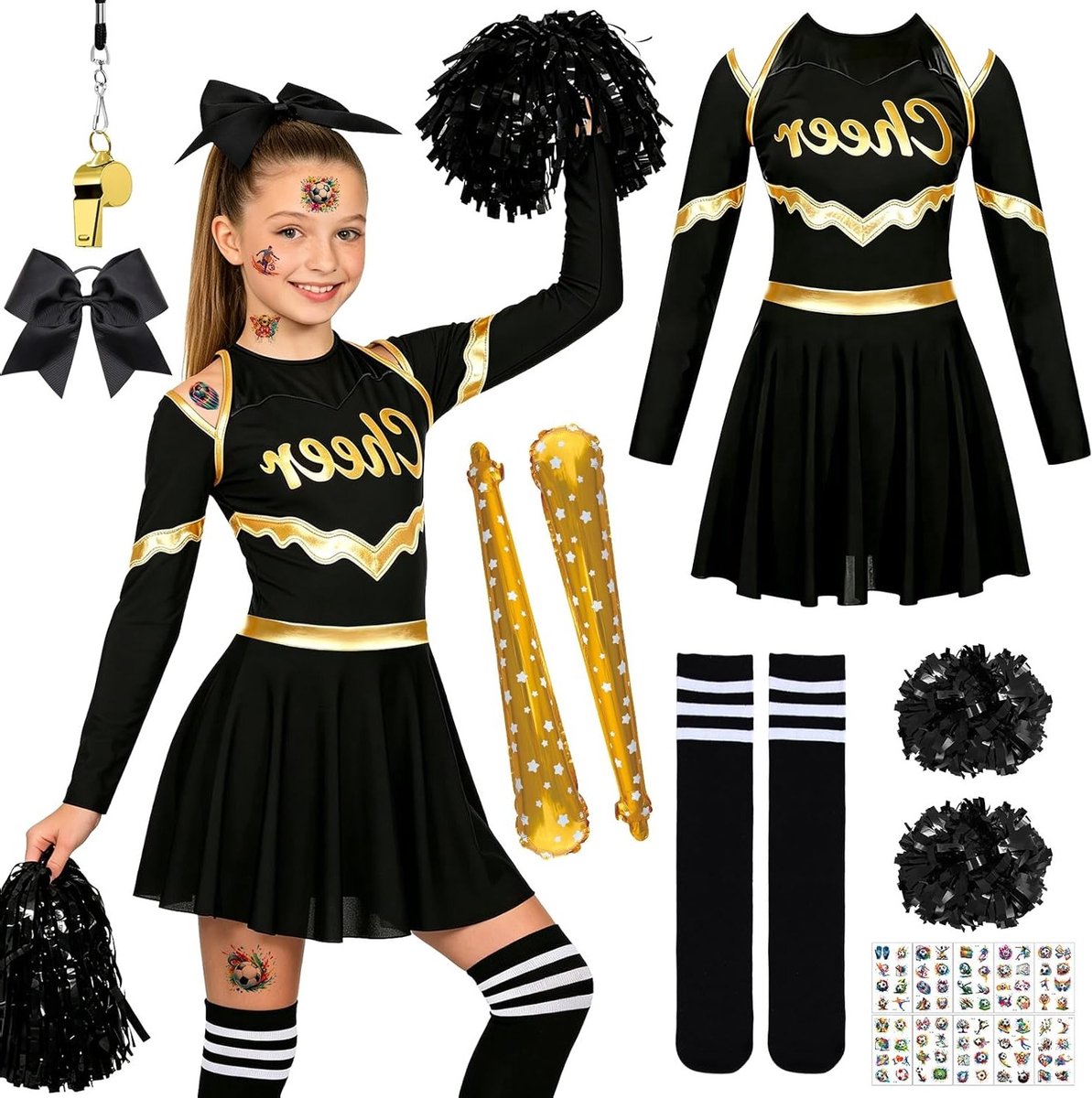 Leuke Cheerleader Kostuum voor Kinderen met Pompoms, Sokken, Hoofdband en Tattoos voor Carnavals- en Cosplayfeesten