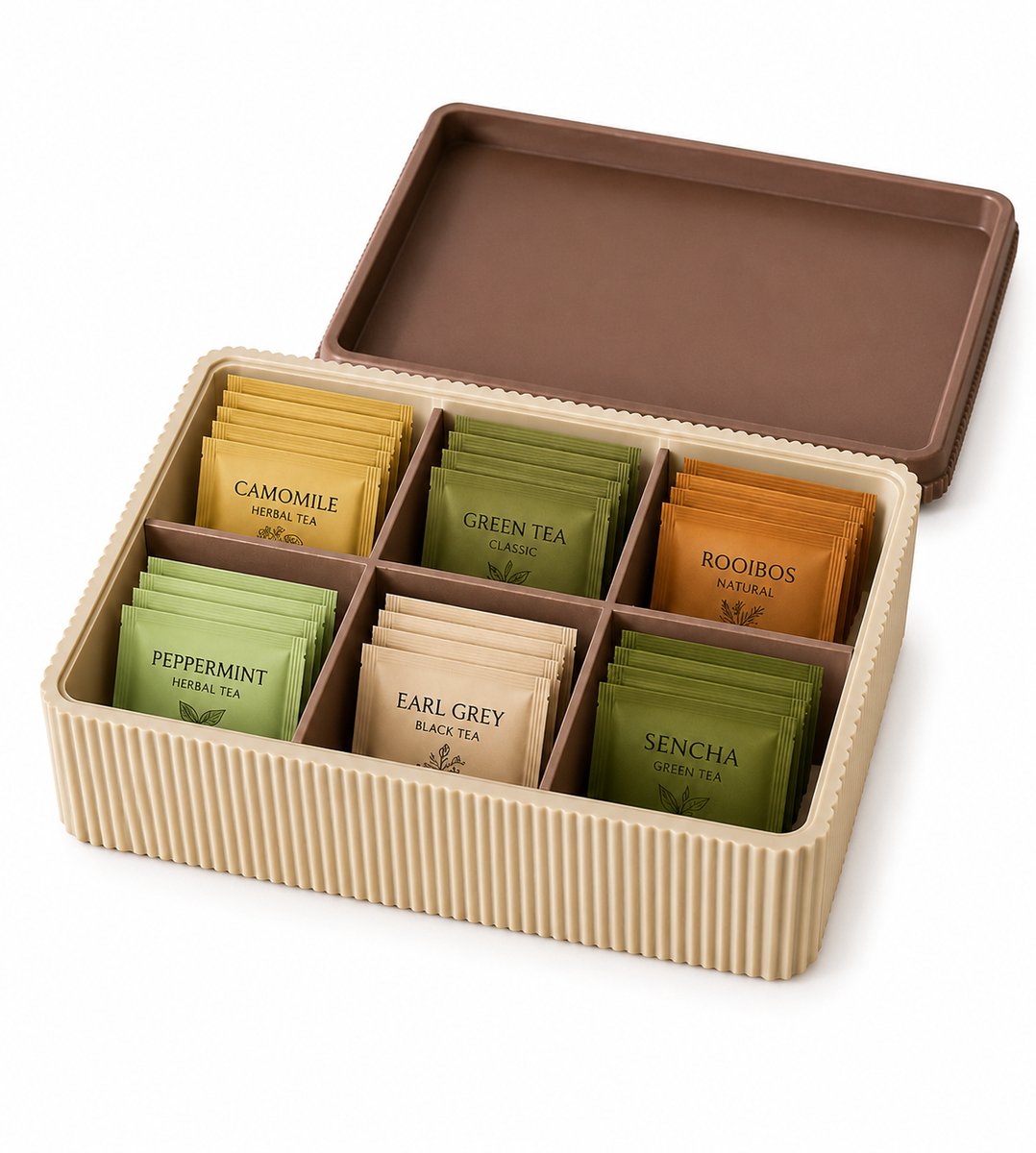 3DBelgie Tea Collection – Theedoos met Vakjes – Theezakjes Organizer – Geribbeld Design – Inclusief Deksel