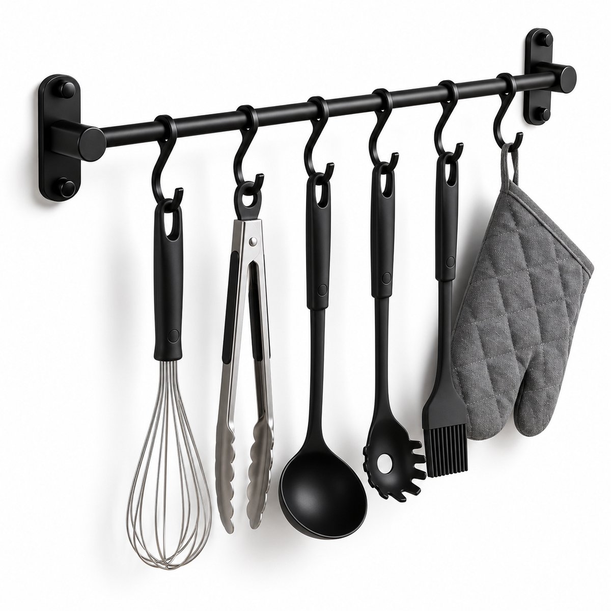 BOTC Ophangrek Voor Keukengerei Met 6 Haken - Pannenrek - Muurbeugel met haken - Voor in de keuken - Zwart