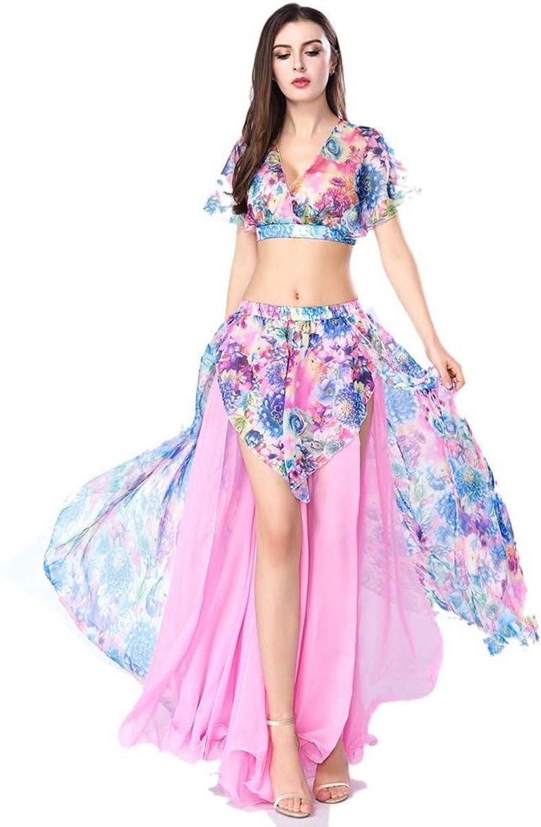 Belly Dance Top en Rok Set voor Vrouwen - Sexy Chiffon Dansoutfit met Bloemenprint voor Optredens en Feestjes