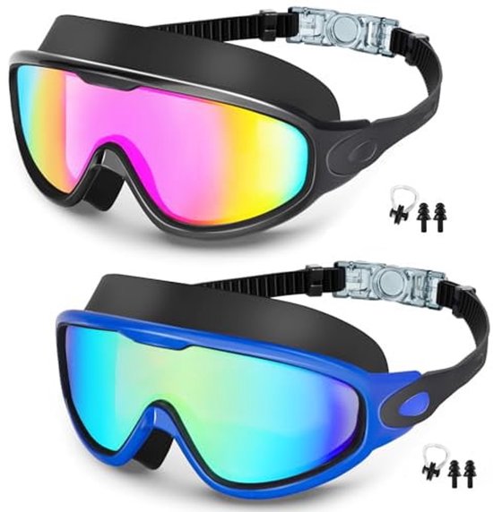 Ensemble de 2 lunettes de natation pour enfants, une bleue et une rose avec des verres colorés et réfléchissants et des bandeaux noirs.