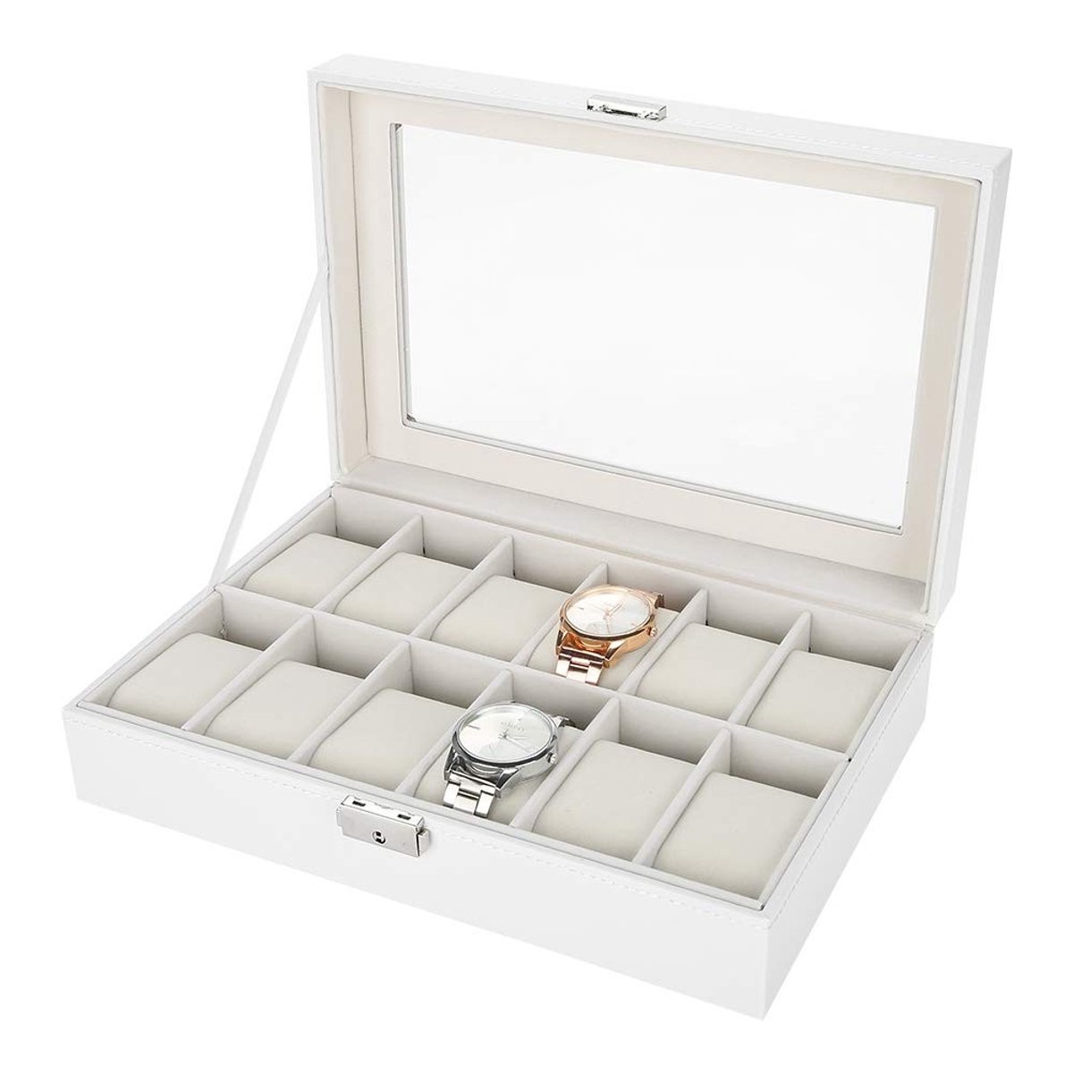 Dailygoody - Watch Box - Bewaarbox voor Horloges - 12 Compartimenten - Modern - Horlogeopslag - Voor Mannen en Vrouwen - Wit