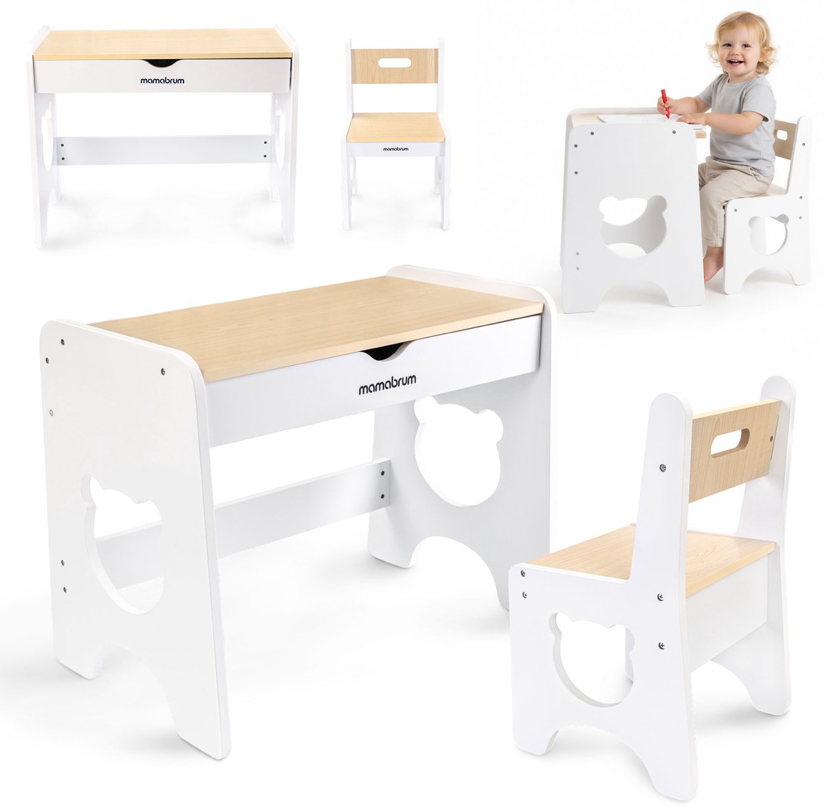 Mamabrum Kinderbureau met Stoel en Lade – Houten Kindertafel Set – Wit/Naturel – Beer Design