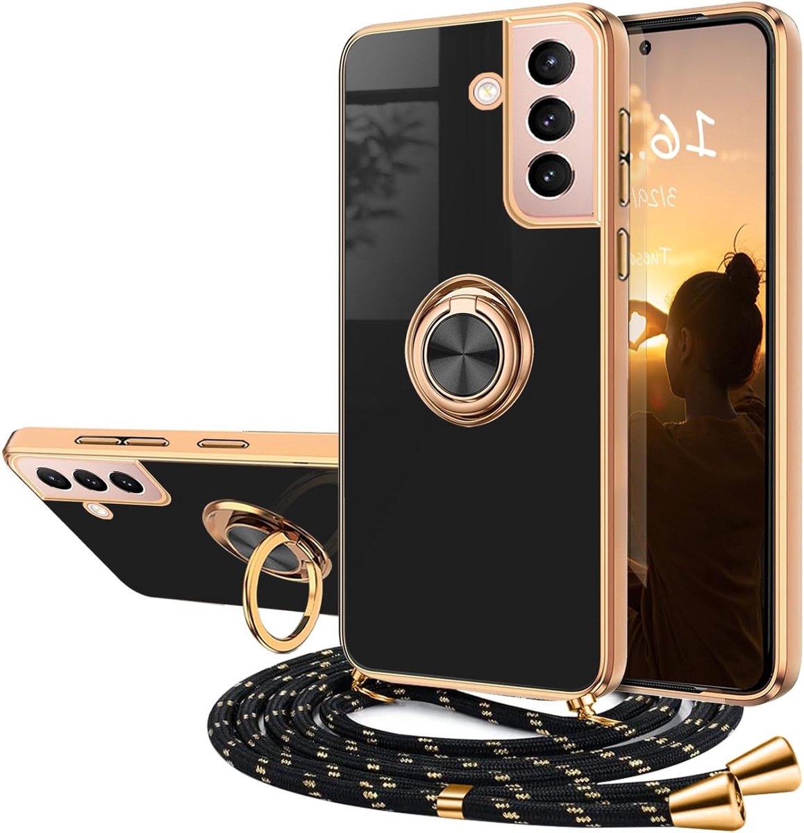 Beschermende Hoes voor Galaxy S21 Plus met Magnetische Sluiting, Verstelbare Silicone en Ringhouder