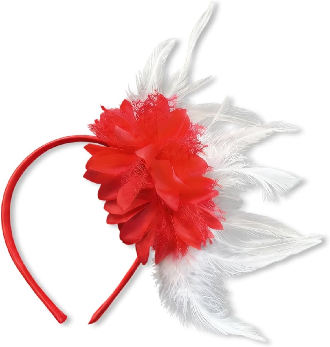 Carnaval Kostuum voor Dames met Rode en Witte Kleuren, Feestelijke Hoed met Veren en Bloemen, Perfect voor 1920 Thema en Cocktail Feesten