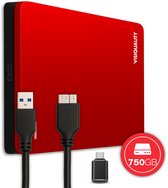 Rode externe harde schijf met USB 3.0 en Type-C kabels. 750GB opslag.