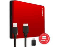 VisiQuality High-Speed Externe Harde Schijf 750 GB - Draagbare Harde Schijf USB 3.0 - Voor Windows & Mac - Xbox & PS4 games - Compact - Rood