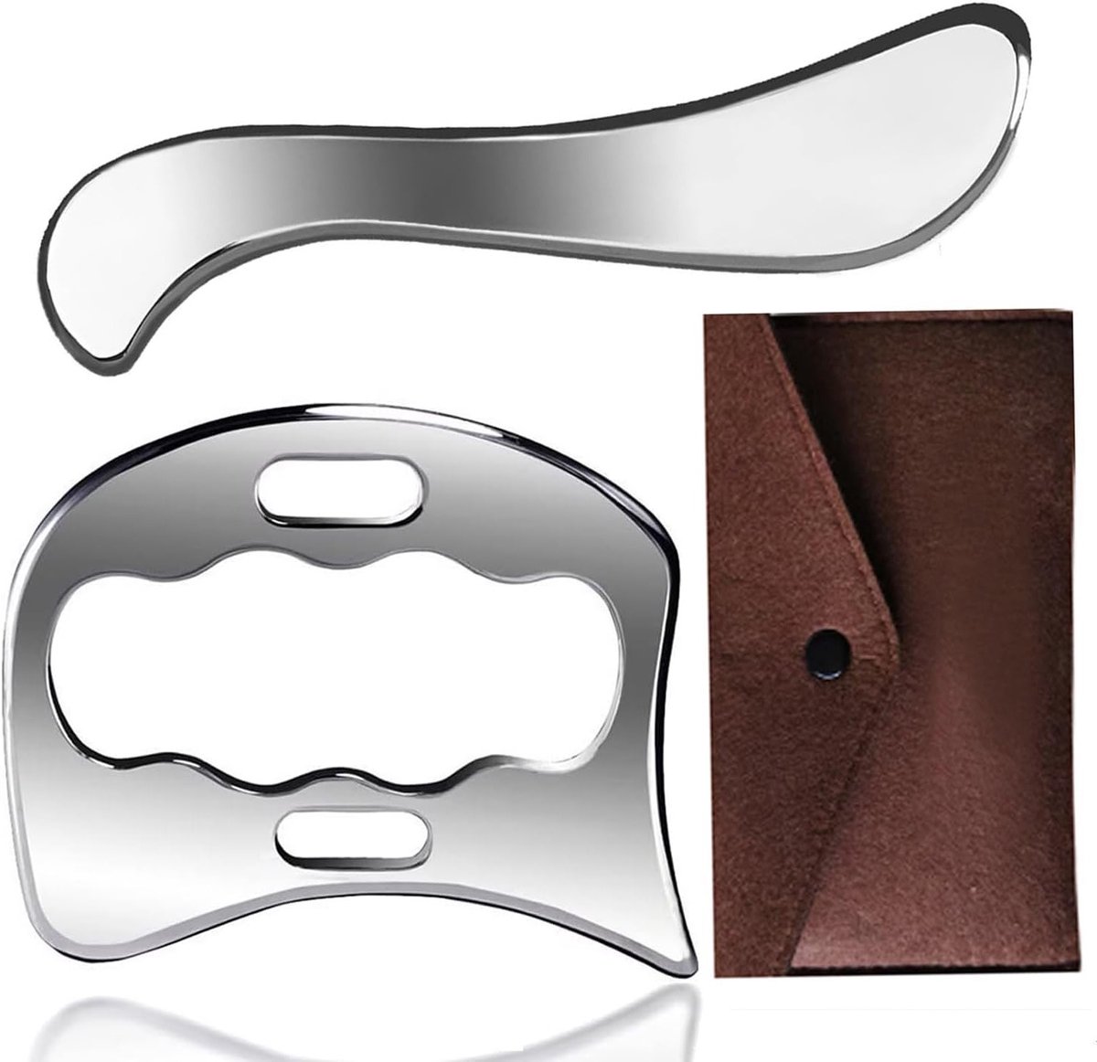 RVS Gua Sha tools set van 2 - Spierpijn vermindering - Mobiliseren zacht weefsel - Inclusief opbergtas - Geschikt voor massage - Zilverkleurig - Roestvrij staal!