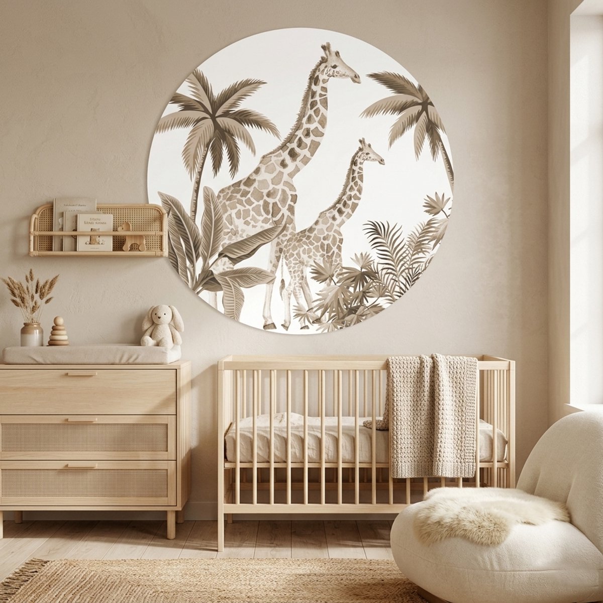Muurcirkel jungle vintage - giraf - muurstickers babykamer - kinderkamer - natuurlijk - behangcirkel - 100cm sticker