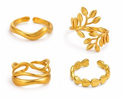 Set van 4 Gouden RVS Ringen voor Dames – Verstelbare Minimalistische Ringenset – Waterproof Stainless Steel Sieraden – Trendy Open Ringen