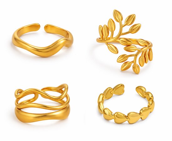 Collage van vier gouden ringen: golvend, tak met bladeren, open golvend en met hartjes.