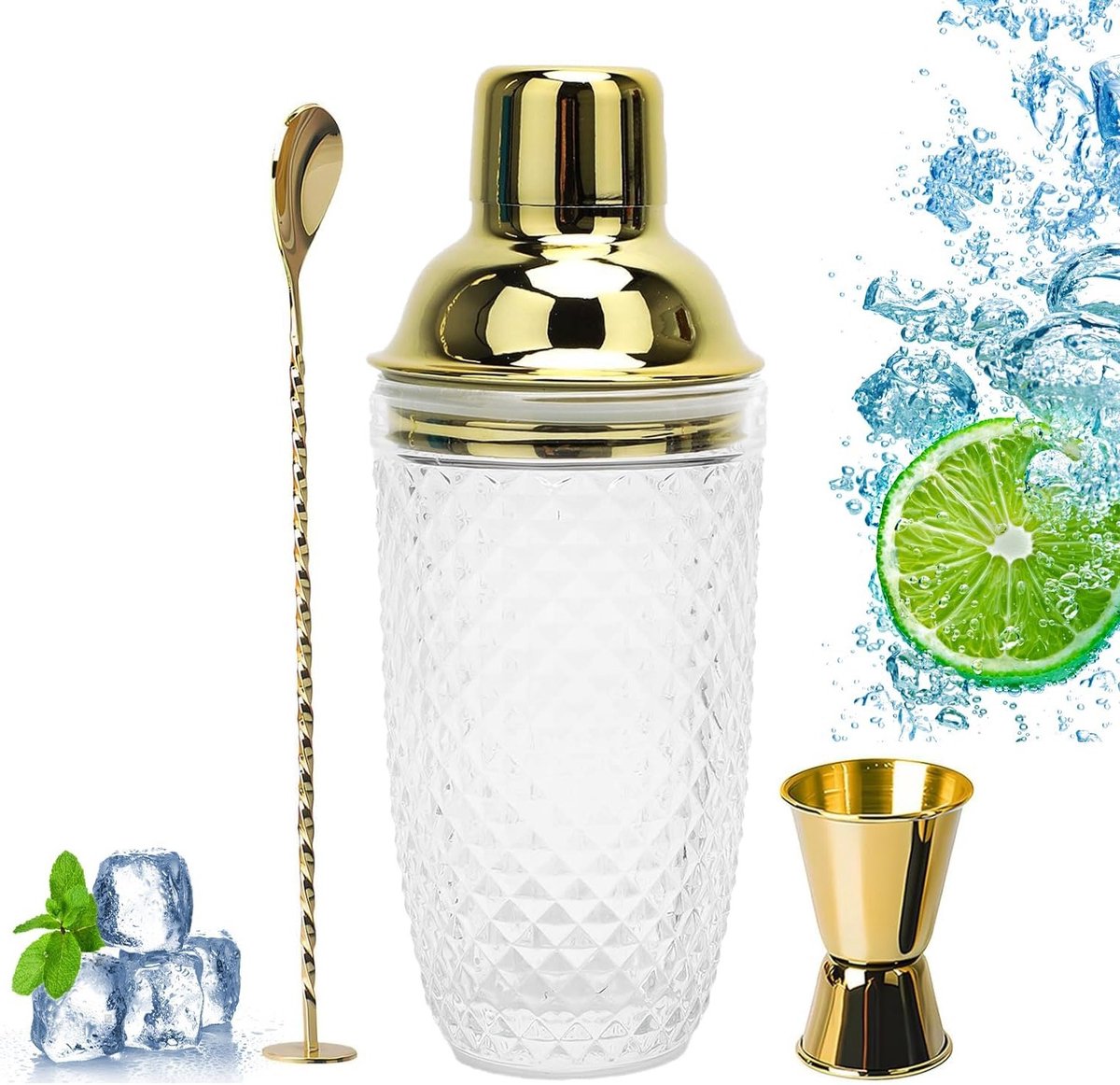Cocktailshaker van helder glas 400 ml met gouden accenten voor martini's en gemixte dranken, inclusief RVS lepel voor thuisbars en sapcocktails