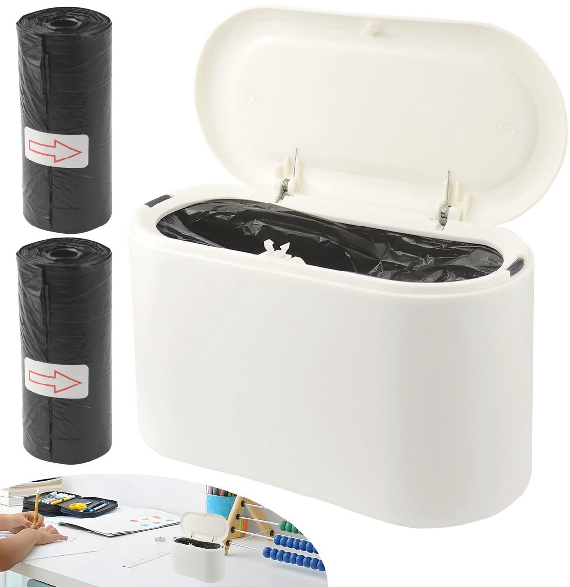 Compacte Mini Afvalbak met Deksel - 2L Pop-up Prullenbak voor Keuken, Badkamer en Auto - Inclusief 2 Rollen Afvalzakken