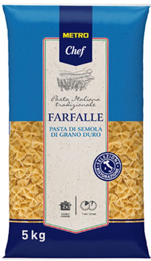 Pâtes Metro Chef Farfalle, paquet de 5 kg, pâtes italiennes traditionnelles de blé dur.