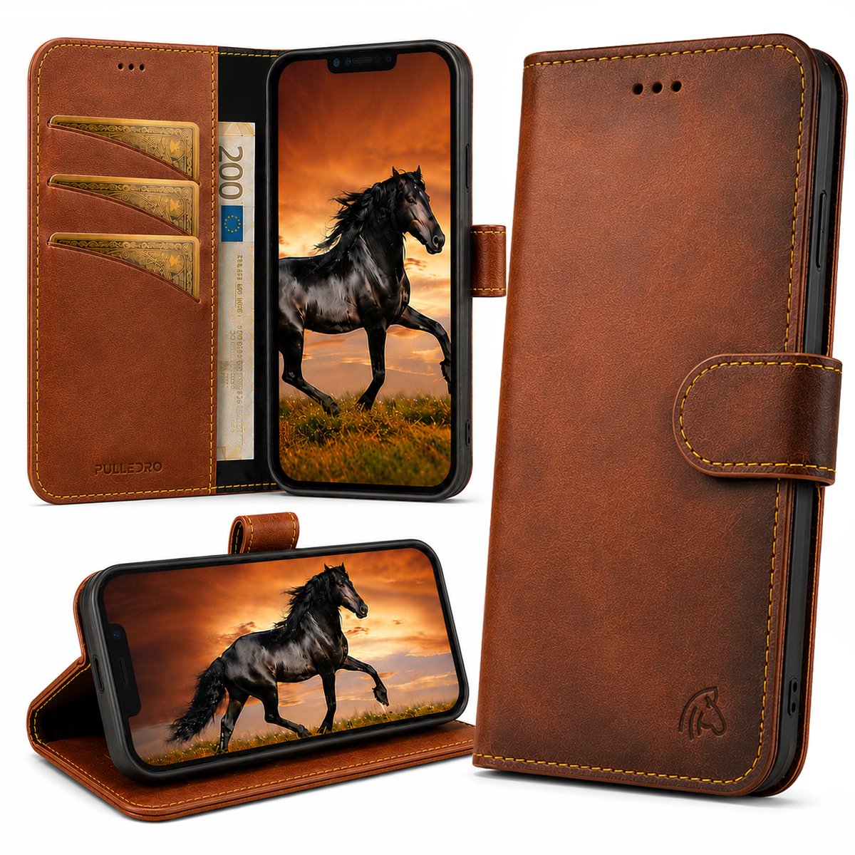 Pulledro geschikt voor iPhone 16 leren BookCase Hoesje - Burned Cognac