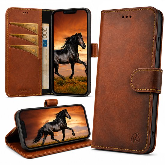 Bruin leren telefoonhoesje geopend en gesloten. Toont kaarthouders, een bankbiljet en een telefoon met een paard.