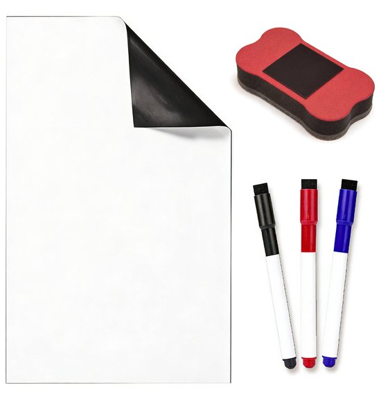 Magnetisch whiteboard (29,7 x 21 cm) – Maat M – Inclusief 1 wisser + 3 whiteboardstiften – Koelkastmagneet / Memobord / Schrijfbord / Leermiddel – Haaks ontwerp – Glad schrijfoppervlak – Ideaal voor scholen, kantoren en thuisgebruik - A5