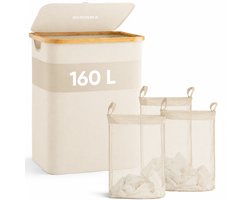 SOVARA Wasmand 3 vakken - 160L - Beige - Bamboe wassorteerder - 3 uitneembare waszakken