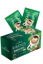 Doos met Ravenza Premium Fit Coffee sachets. Koffie met matcha, groene thee en l-carnitine.