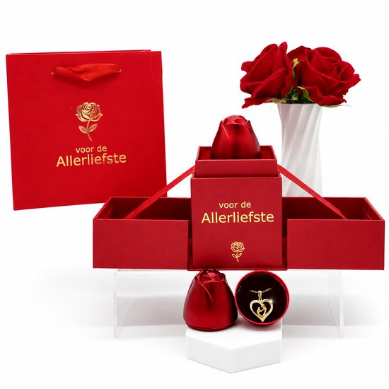 Rode geschenkdoos met gouden hartvormige ketting en metalen roos, naast een tas en vaas met rode rozen.
