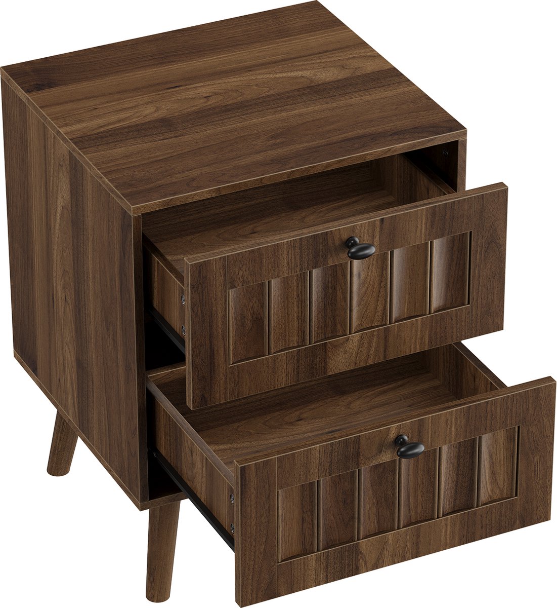 Merax Nachtkastje Donker Hout Look - Met 2 Lades en Massief Houten Poten - Opbergkastje voor Slaapkamer en Woonkamer - 43,5x40x57,5 cm