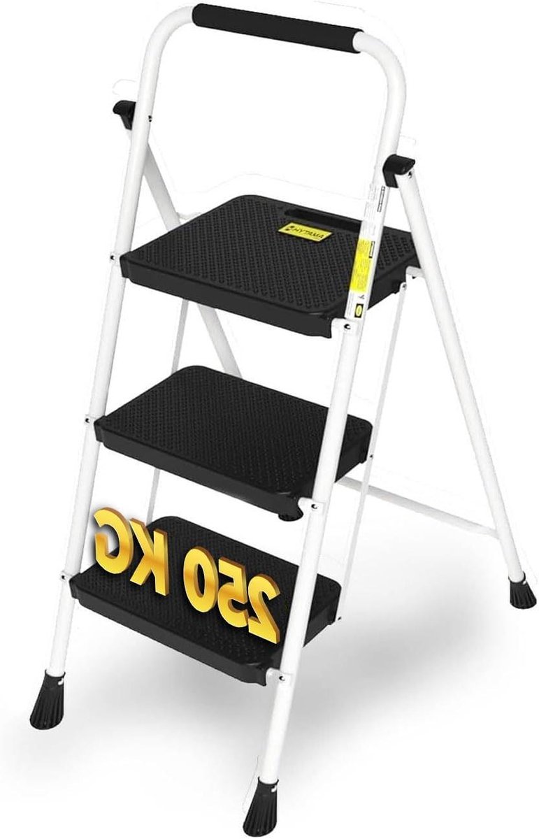 Vouwladder met handvat - Opstap kruk - Veilig klussen - Extra brede antislip pedalen - 3 treden - Wit