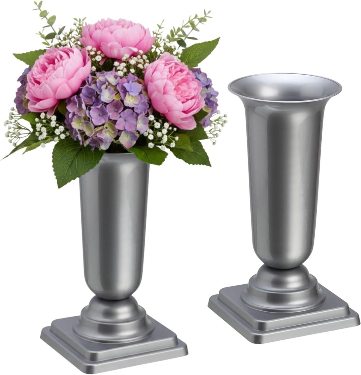 Grafvazen met sokkel - Begraafplaats vazen - Grafversiering - Weerbestendig kunststof - 40 cm hoogte - Zilver