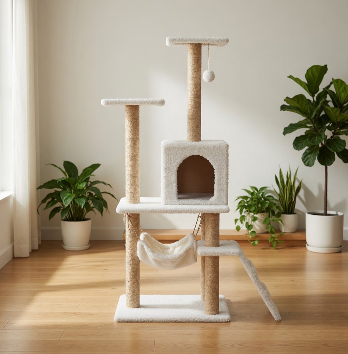 Luxe XXL Kattenboom Krabpaal met Klimplatformen & Kattenhuis – Grote Kattentoren met Sisal Krabpalen, Hangspeelgoed en Pluche – 130 cm Kat Klimmeubel voor Meerdere Katten-Ganeey