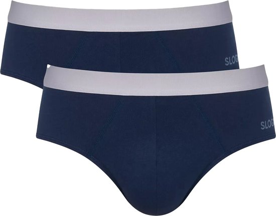 Twee kobaltblauwe Sloggi slips met grijze taillebanden en discrete logo's.