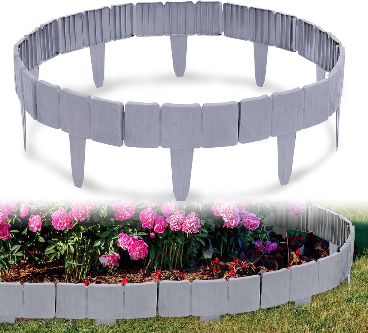 Gazonrand Kunststof - Tuinomranding Bloembed - Tuin Afscheiden - Steenlook Textuur - 10 meter - Grijs