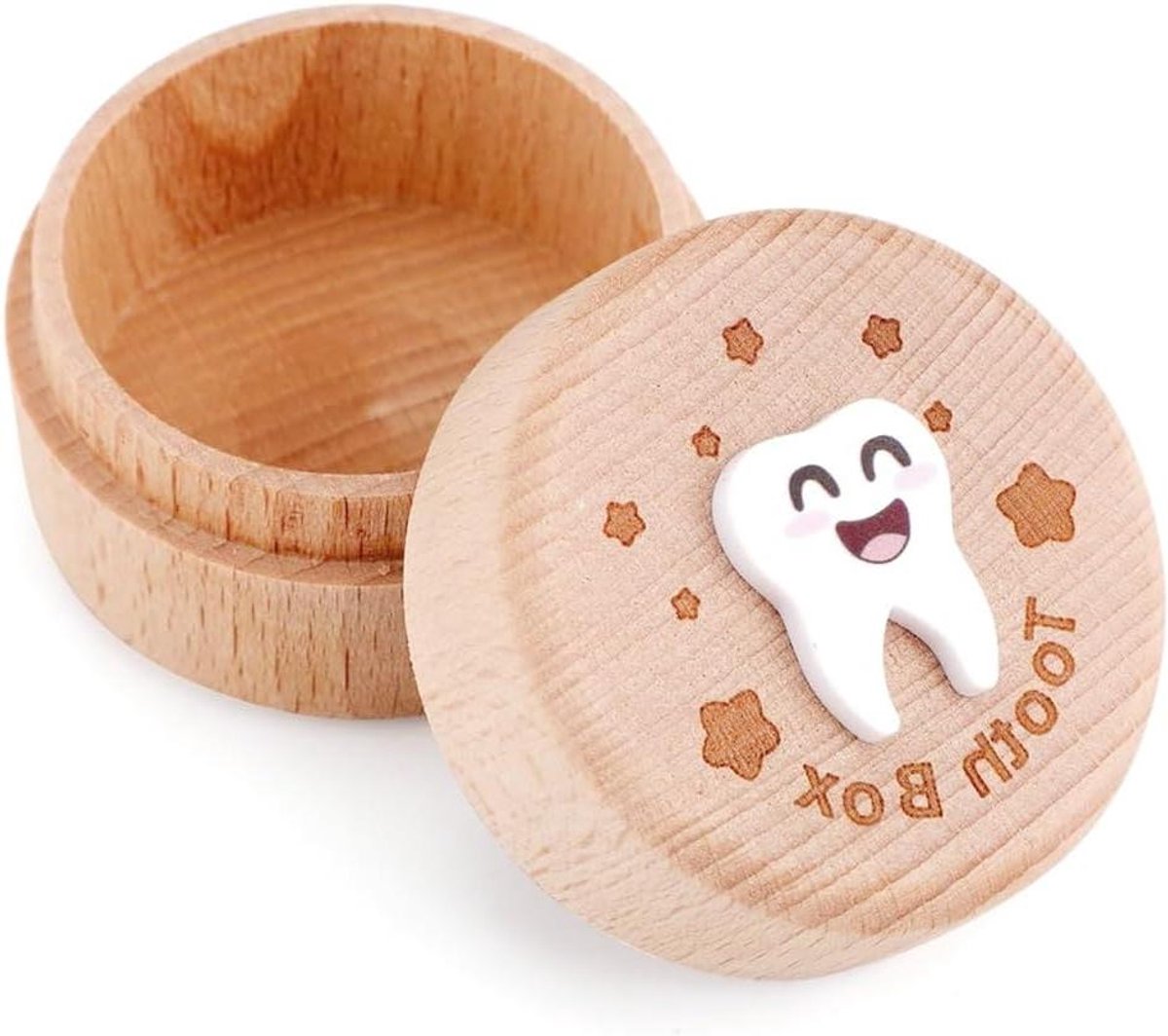 Houten Tandenbewaardoos - Melktandendoosje Bewaardoosje - Herinneringen Bewaren - 3D Cartoon Tanden - 5 x 5 x 3.5 cm - Lichtbruin