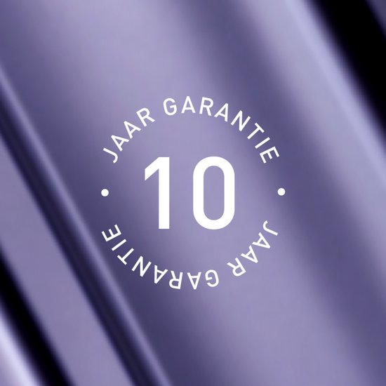 Tekst '10 JAAR GARANTIE' in een cirkel op een paarse achtergrond.