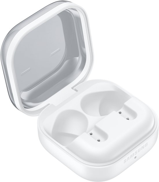 Een open witte oplaadcase voor draadloze oordopjes met twee uitsparingen voor de oordopjes.