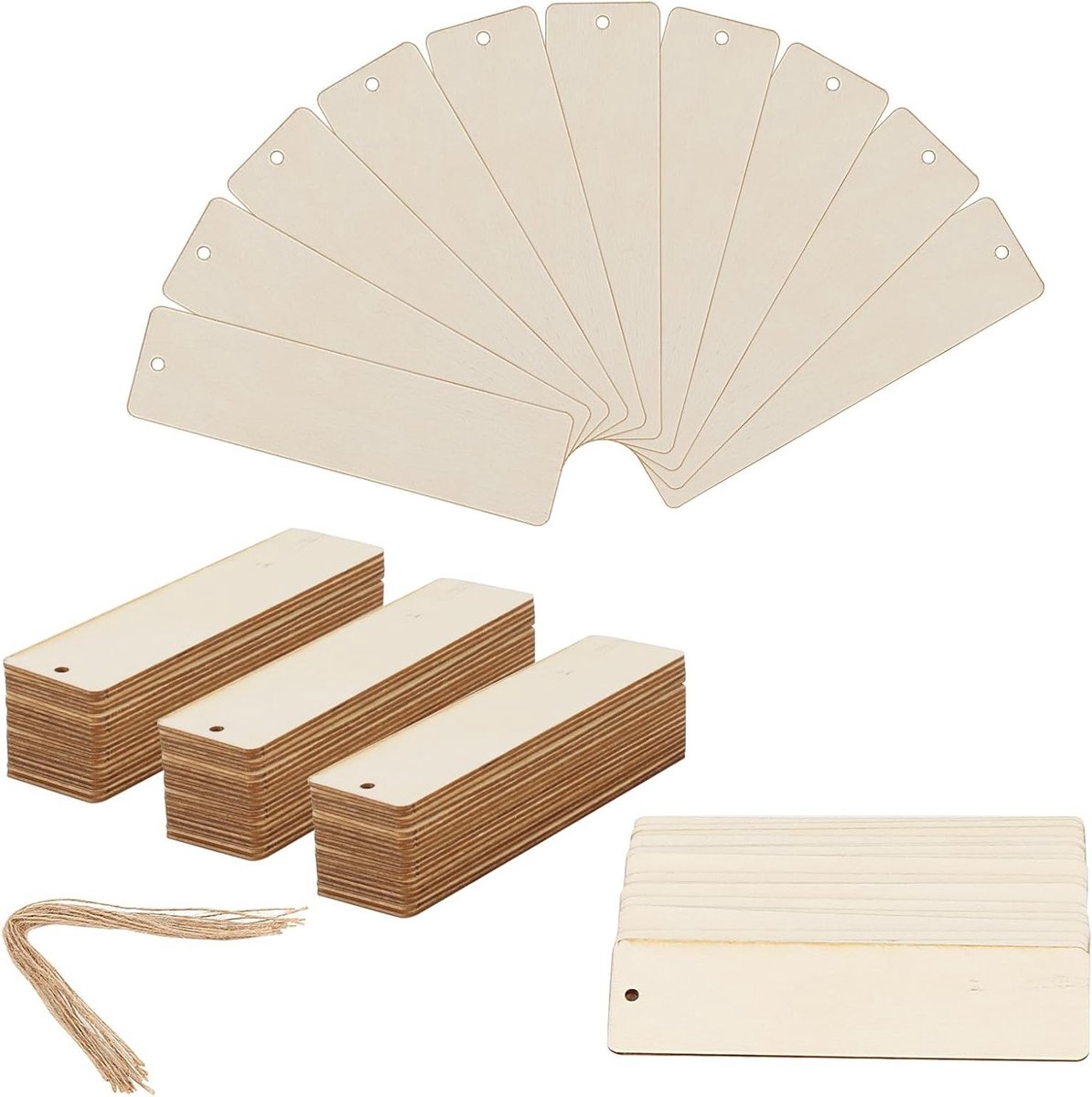 100 Stuks Lege Houten Boekenleggers 4.7x1.2" - DIY Rectangle Boekenleggers met Gaten en Touw voor Creatieve Versieringen