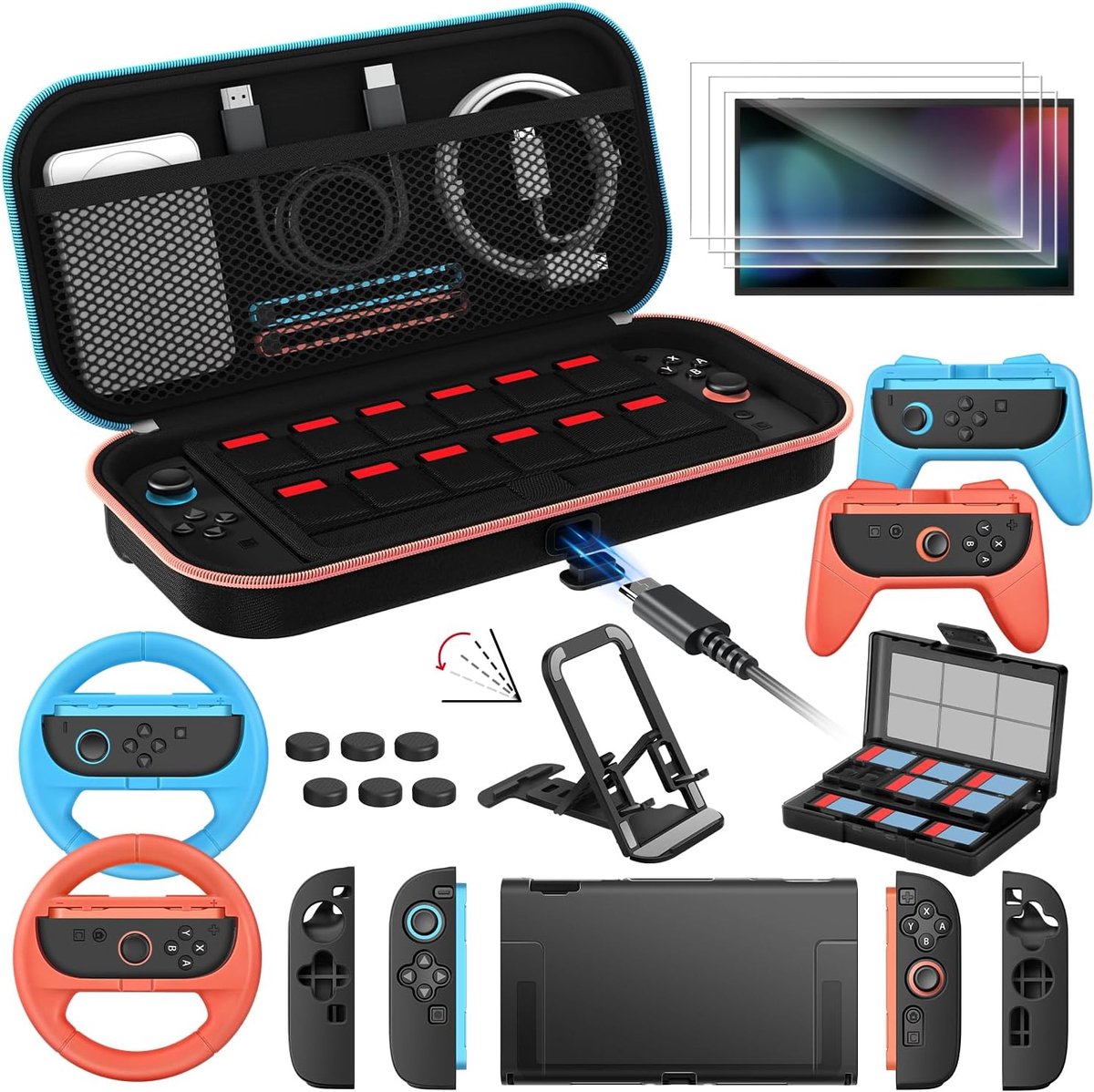 Zandarix Geschikt voor Nintendo Switch 2 - 21 in 1 Accessoirepakketten - Inclusief Oplaadcase - Beschermhoes - Screenprotectors - Stuurwielen - Joycon Controllergrepen - Gamestandaard
