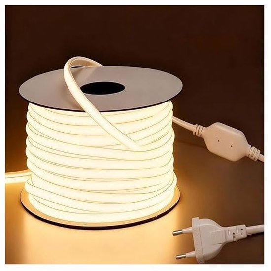 Een rol van 10 meter lange, warm witte COB LED-lichtstrip met stekker.