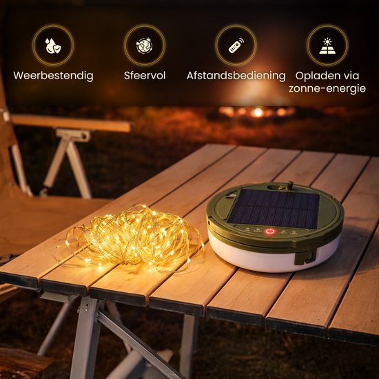 TechEssentials® Solar Camping Lichtsnoer Met Afstandsbediening - 10 Meter - IP67 Waterdicht - Oprolbaar - Oplaadbaar - Verlichting Buiten Slinger - Lampjes - Lampenslinger - Kampeerlamp - Tentlamp van TechEssentials — afbeelding 3