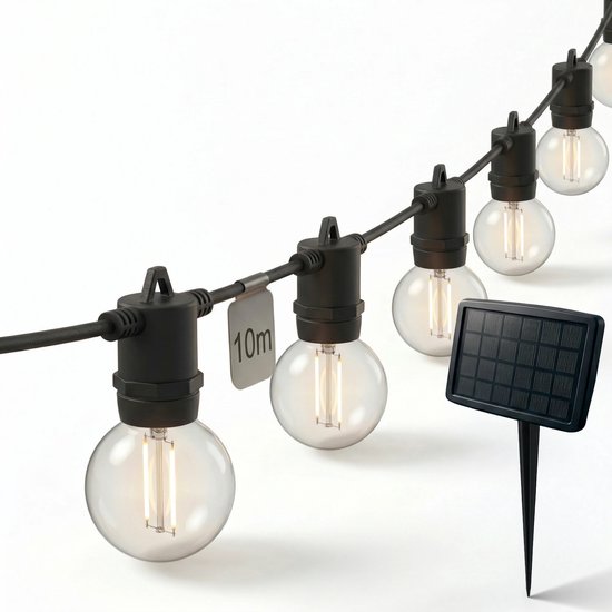 Guirlande lumineuse de 10 mètres avec 20 ampoules rondes transparentes et un panneau solaire sur fond blanc.