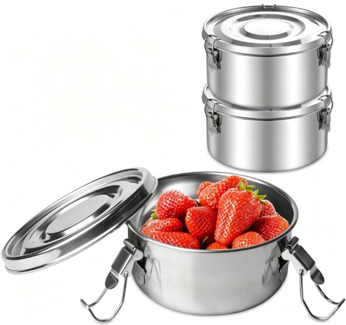 VHV - Broodtrommel - Lunchbox - Roestvrijstalen lunchbox - Broodtrommel kinderen - Lunchbox volwassenen - Set van 3 roestvrijstalen lunchboxen met deksels - Lunchboxen voor snacks - Fruit en ontbijtgranen - 360 ml - Zilver